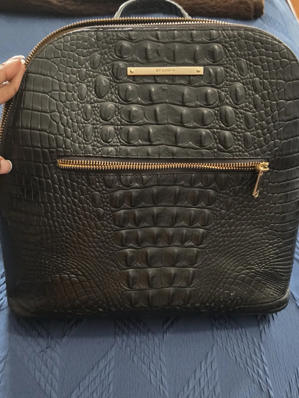 Brahmin Black Croc-Embossed Backpack with Matching Wallet